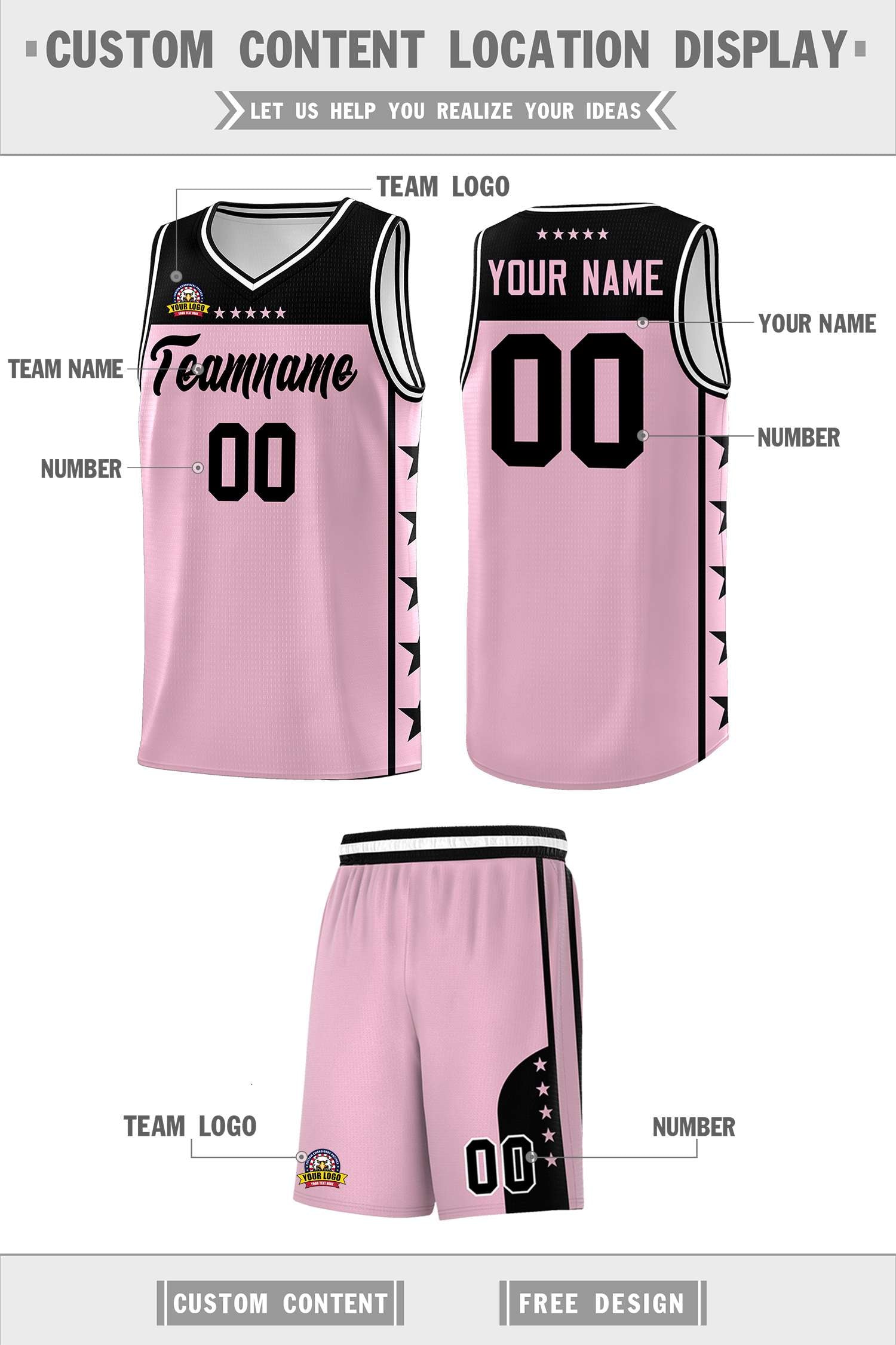 Custom Light Pink Black Color Block Sets Sports Uniform Basketball Jersey