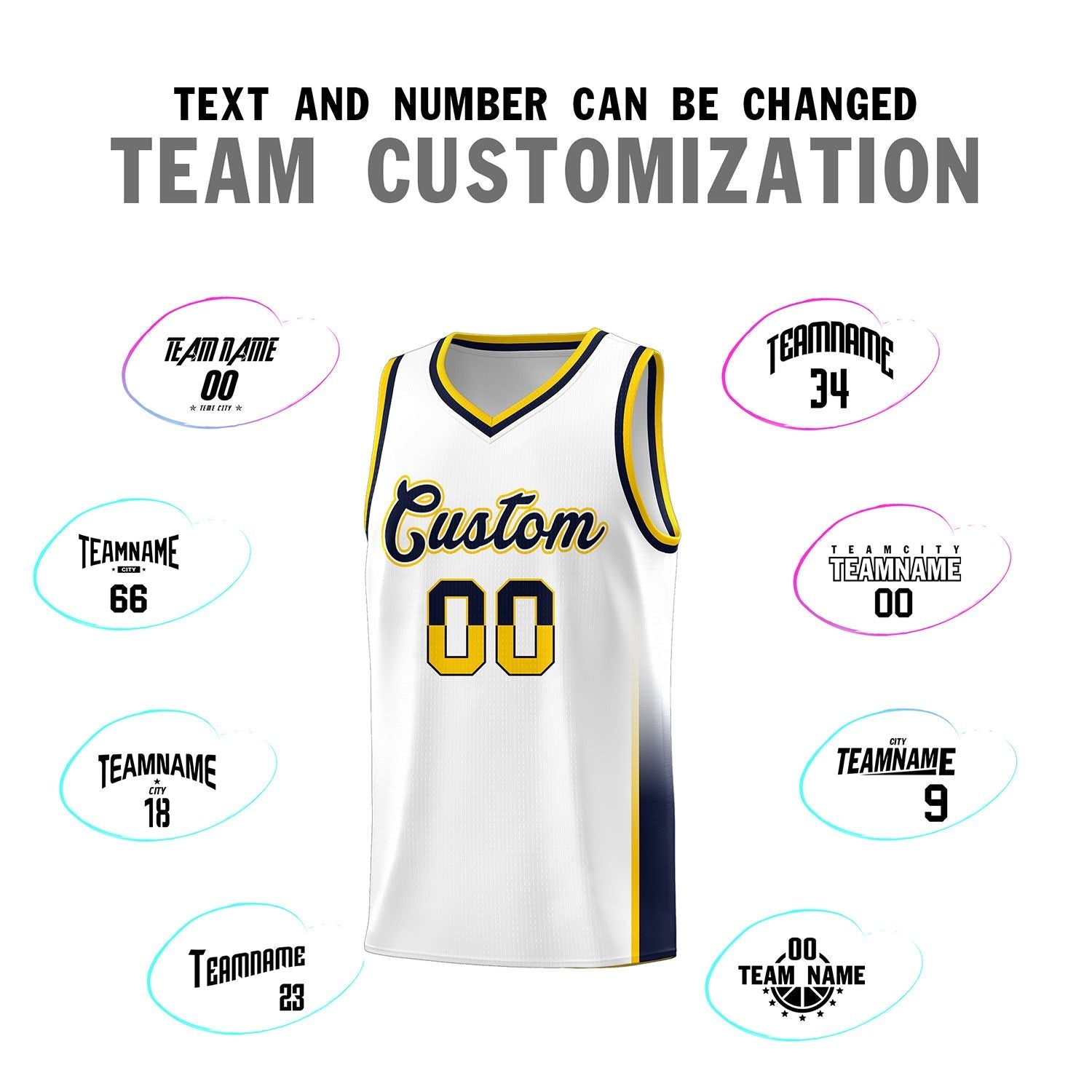 Custom White Yellow-Navy Personalized Two Tone Font Sports Uniform Basketball Jersey