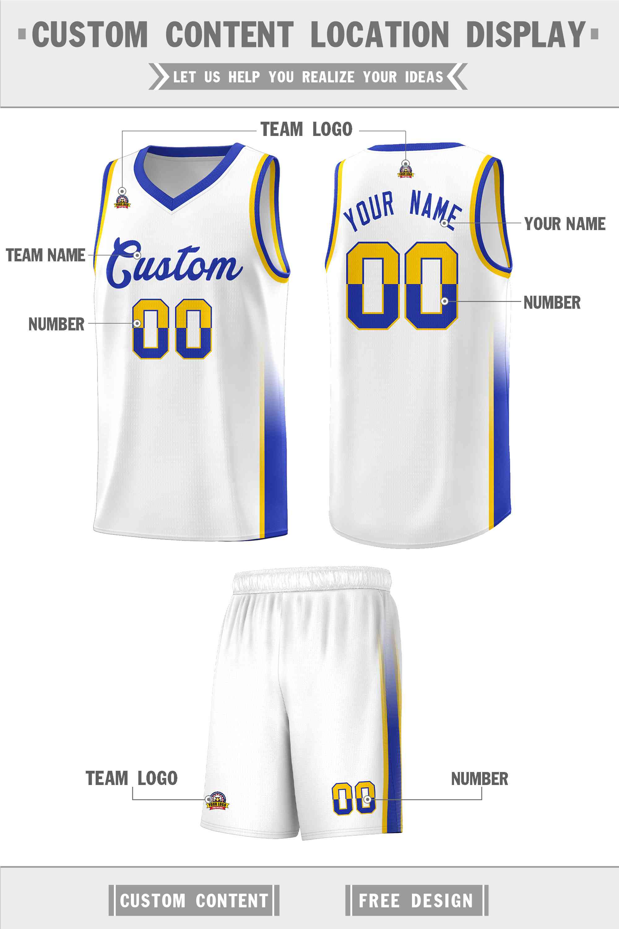 Custom White Gold-Royal Personalized Two Tone Font Sports Uniform Basketball Jersey