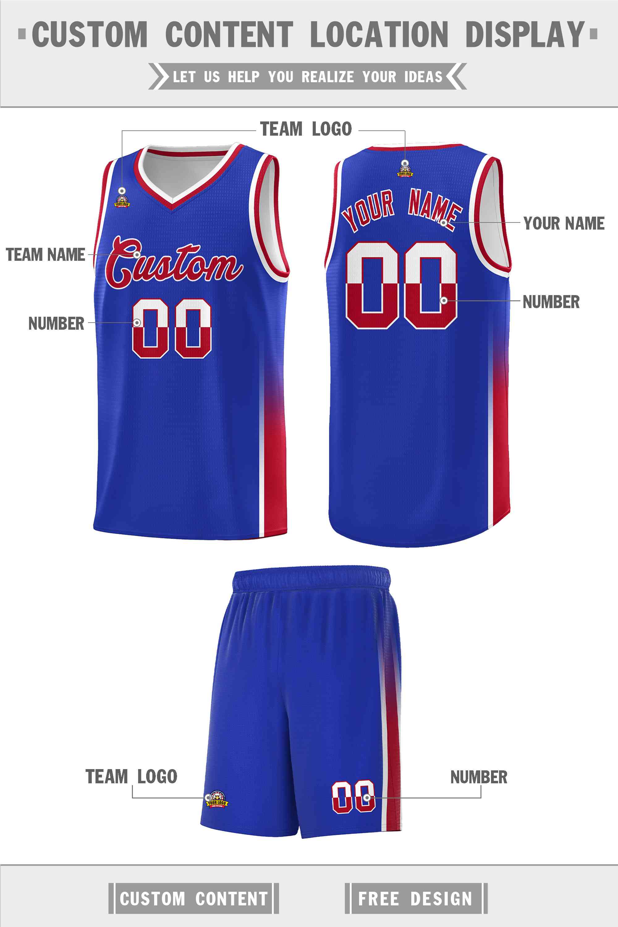 Custom Royal White-Red Personalized Two Tone Font Sports Uniform Basketball Jersey