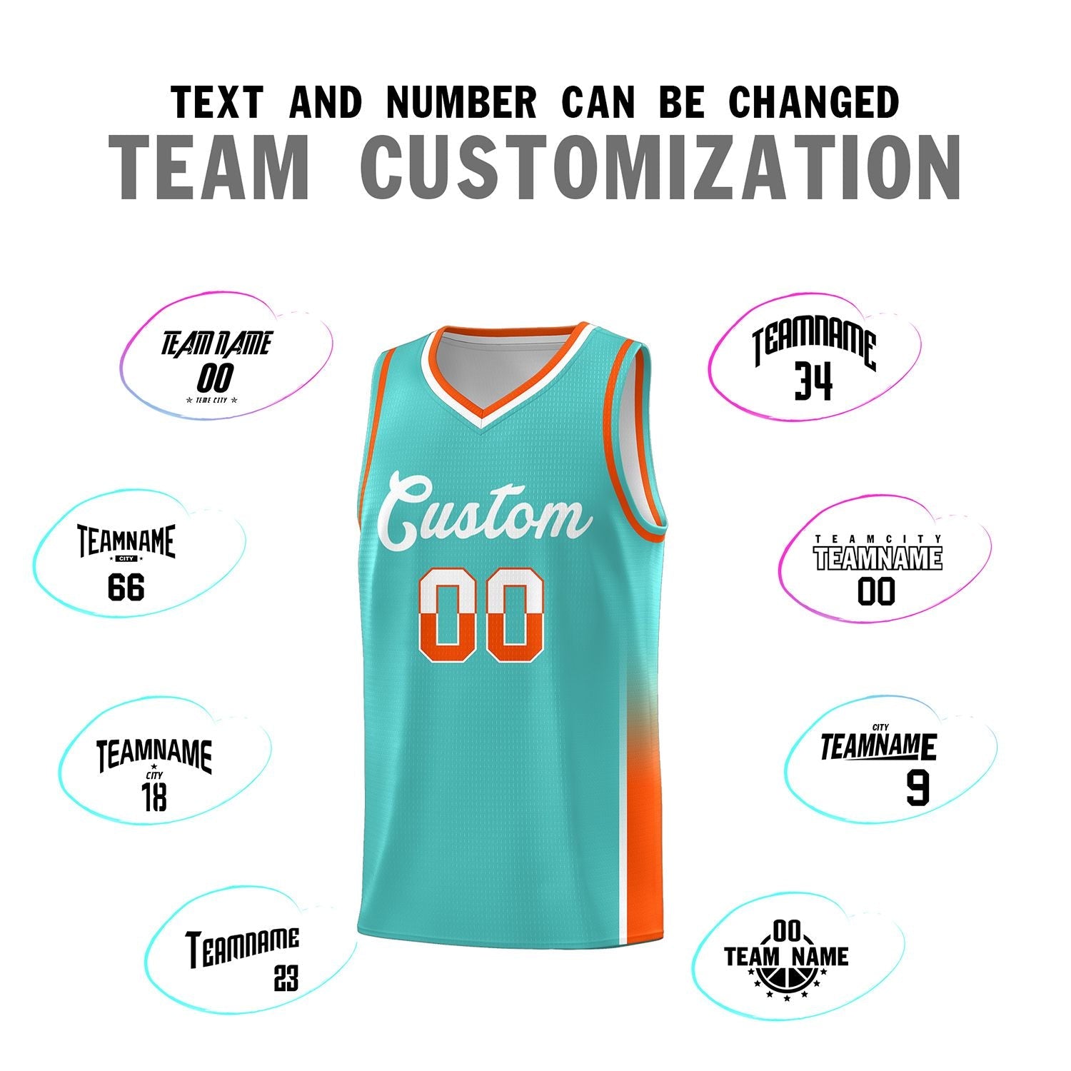 Custom Aqua White-Orange Personalized Two Tone Font Sports Uniform Basketball Jersey