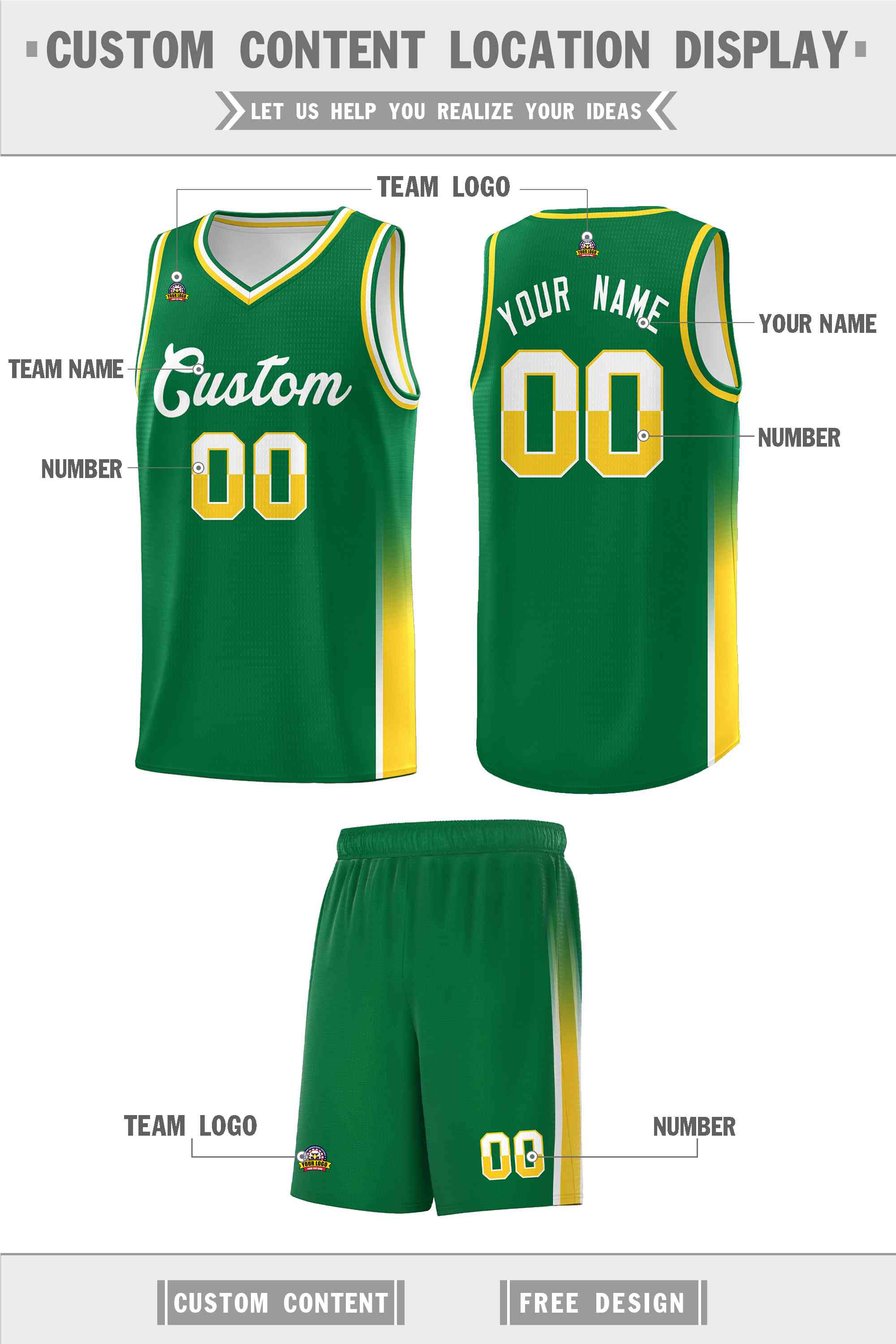 Custom Kelly Green White-Gold Personalized Two Tone Font Sports Uniform Basketball Jersey