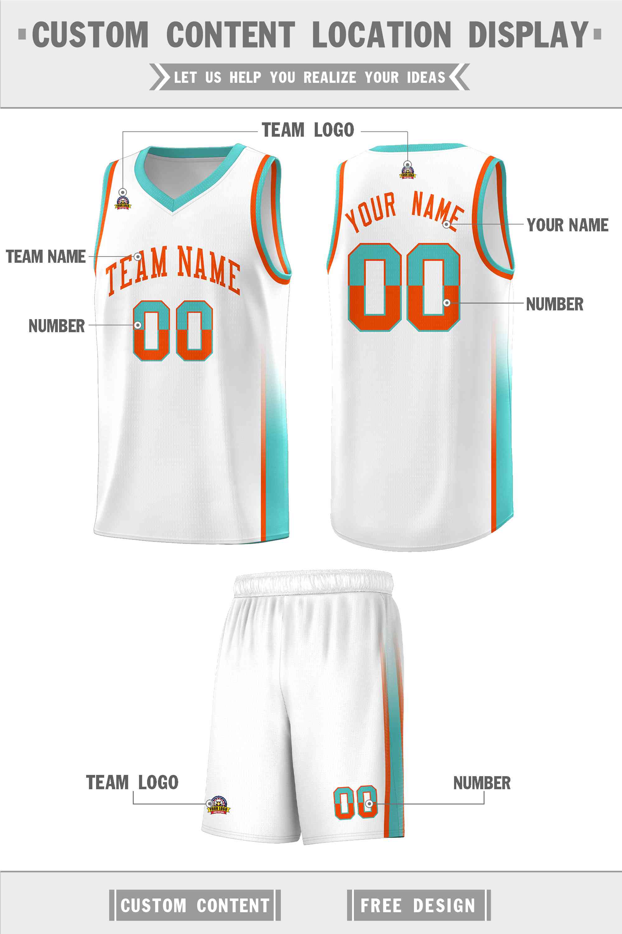 Custom White Orange-Aqua Personalized Two Tone Font Sports Uniform Basketball Jersey