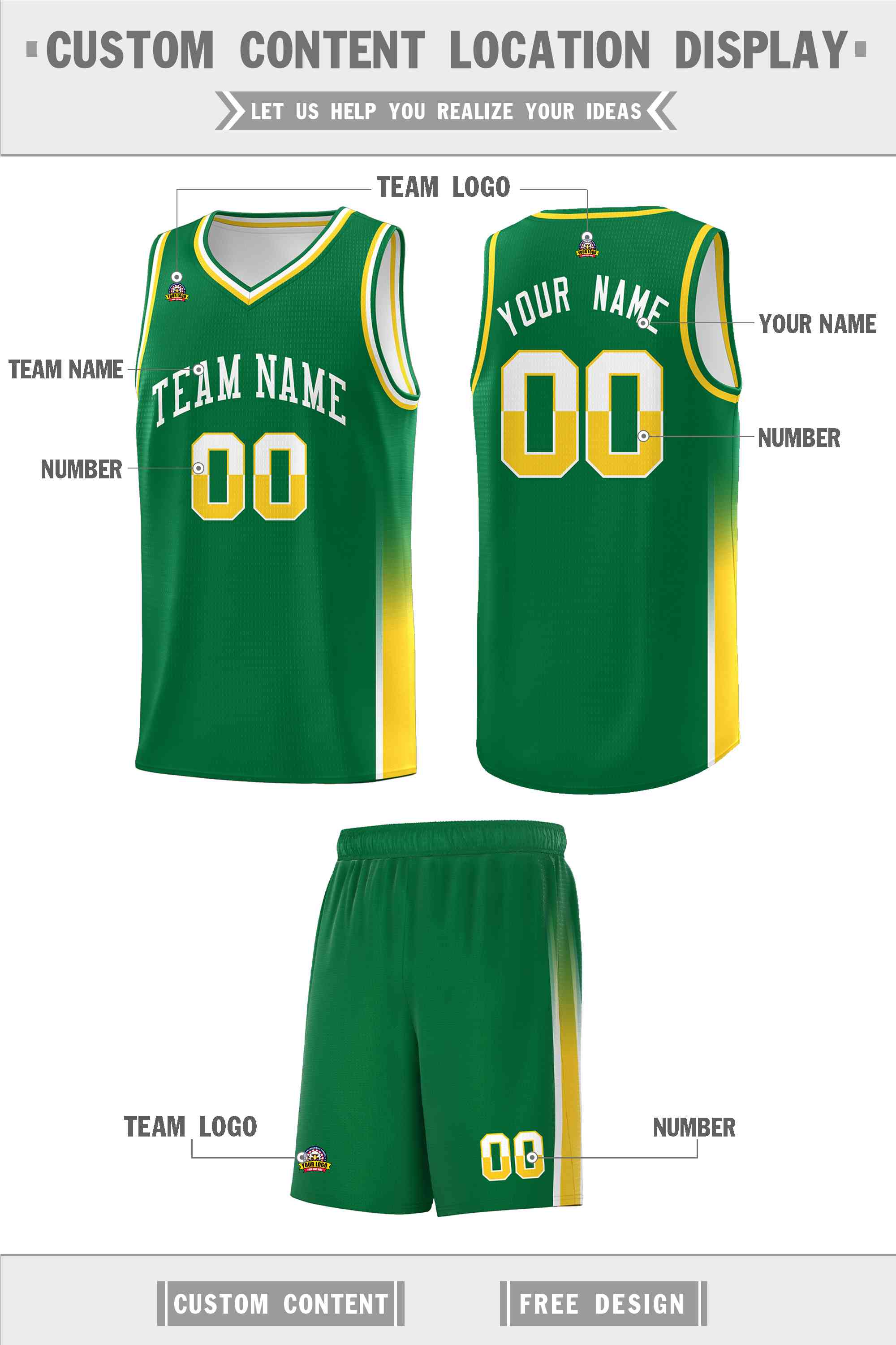 Custom Kelly Green White-Gold Personalized Two Tone Font Sports Uniform Basketball Jersey