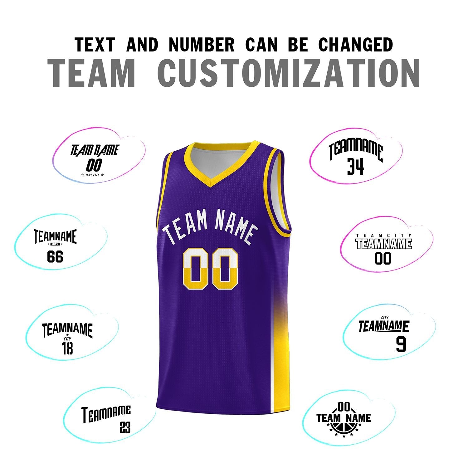 Custom Purple White-Yellow Personalized Two Tone Font Sports Uniform Basketball Jersey