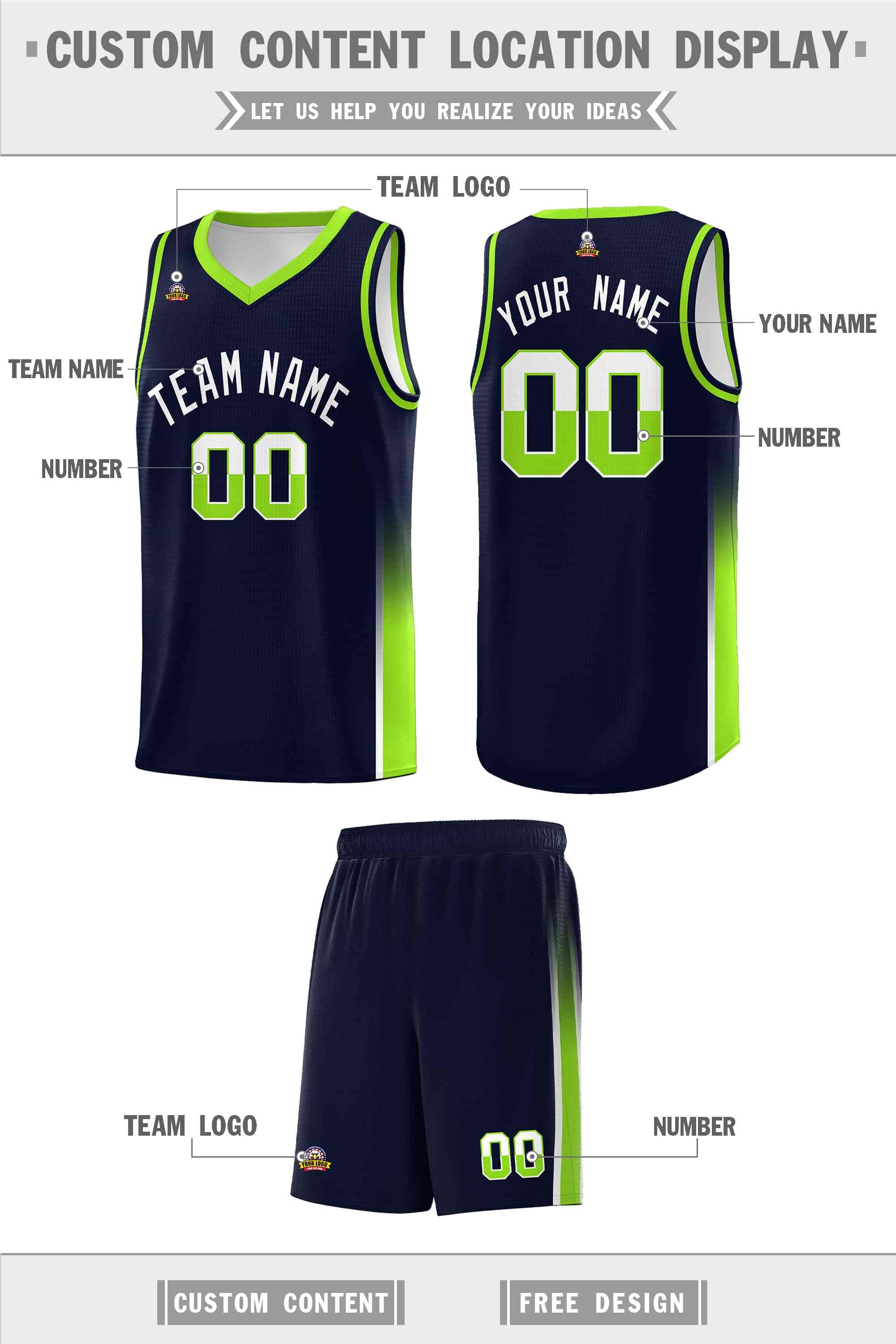 Custom Navy White-Neon Green Personalized Two Tone Font Sports Uniform Basketball Jersey