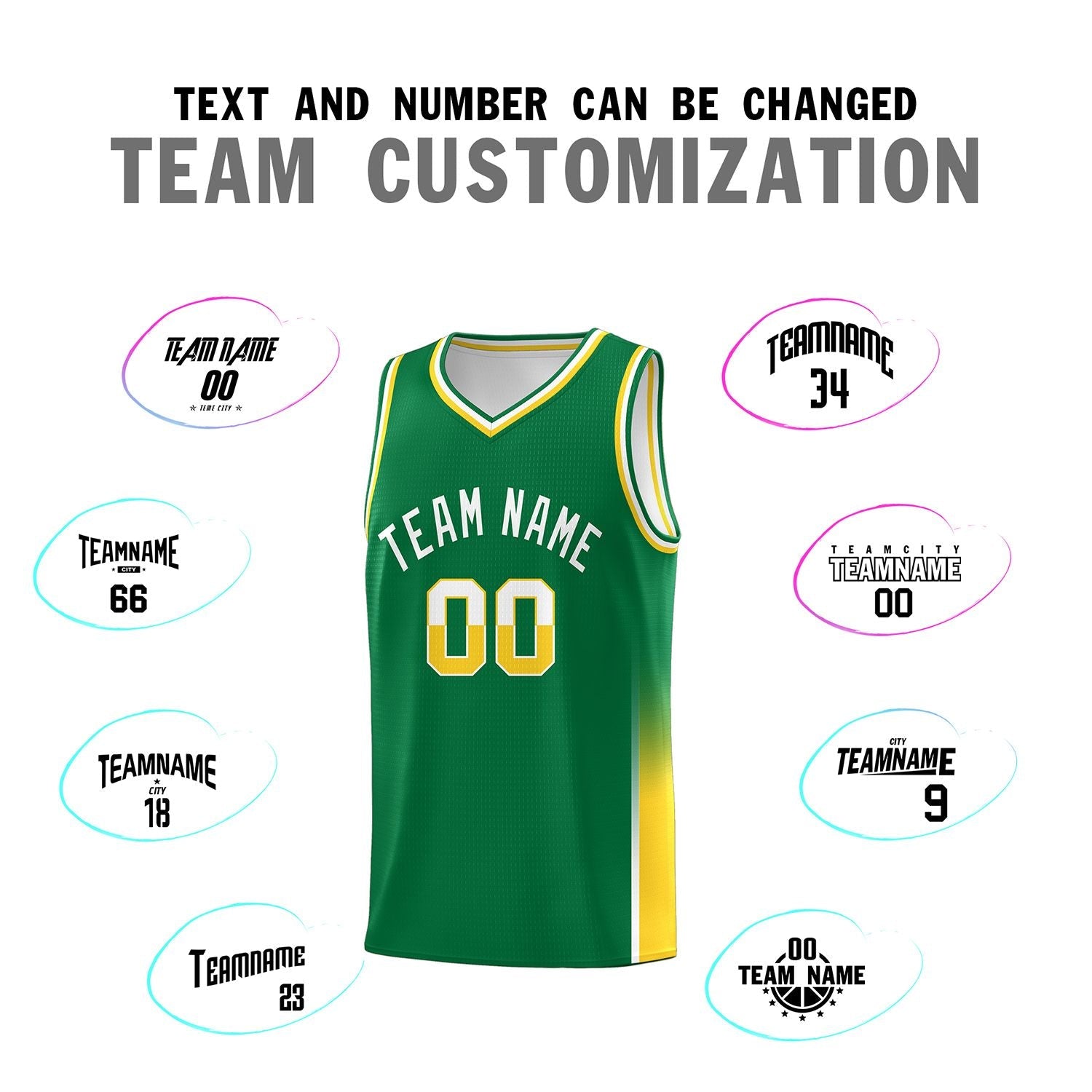 Custom Kelly Green White-Gold Personalized Two Tone Font Sports Uniform Basketball Jersey