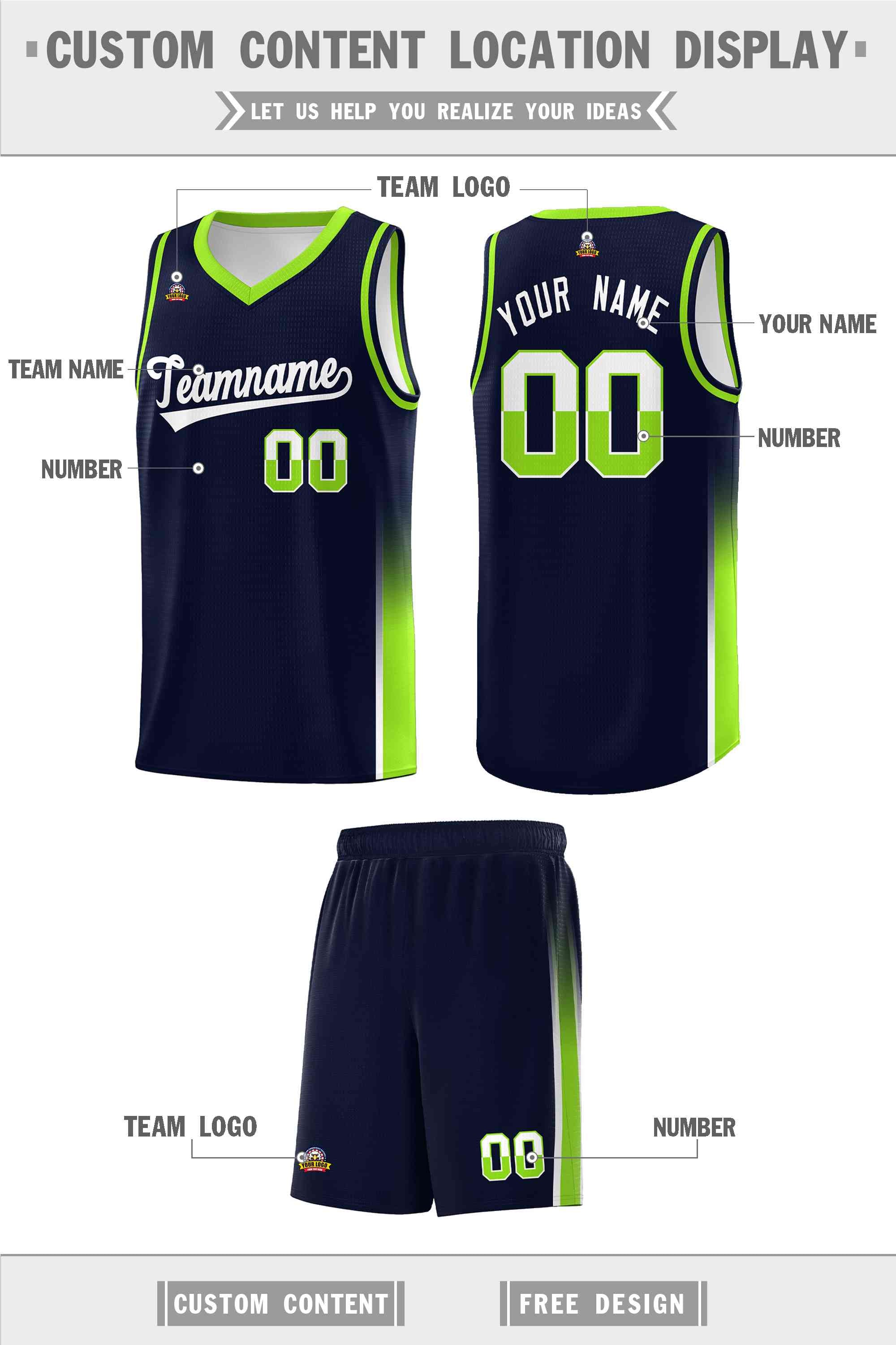 Custom Navy White-Neon Green Personalized Two Tone Font Sports Uniform Basketball Jersey