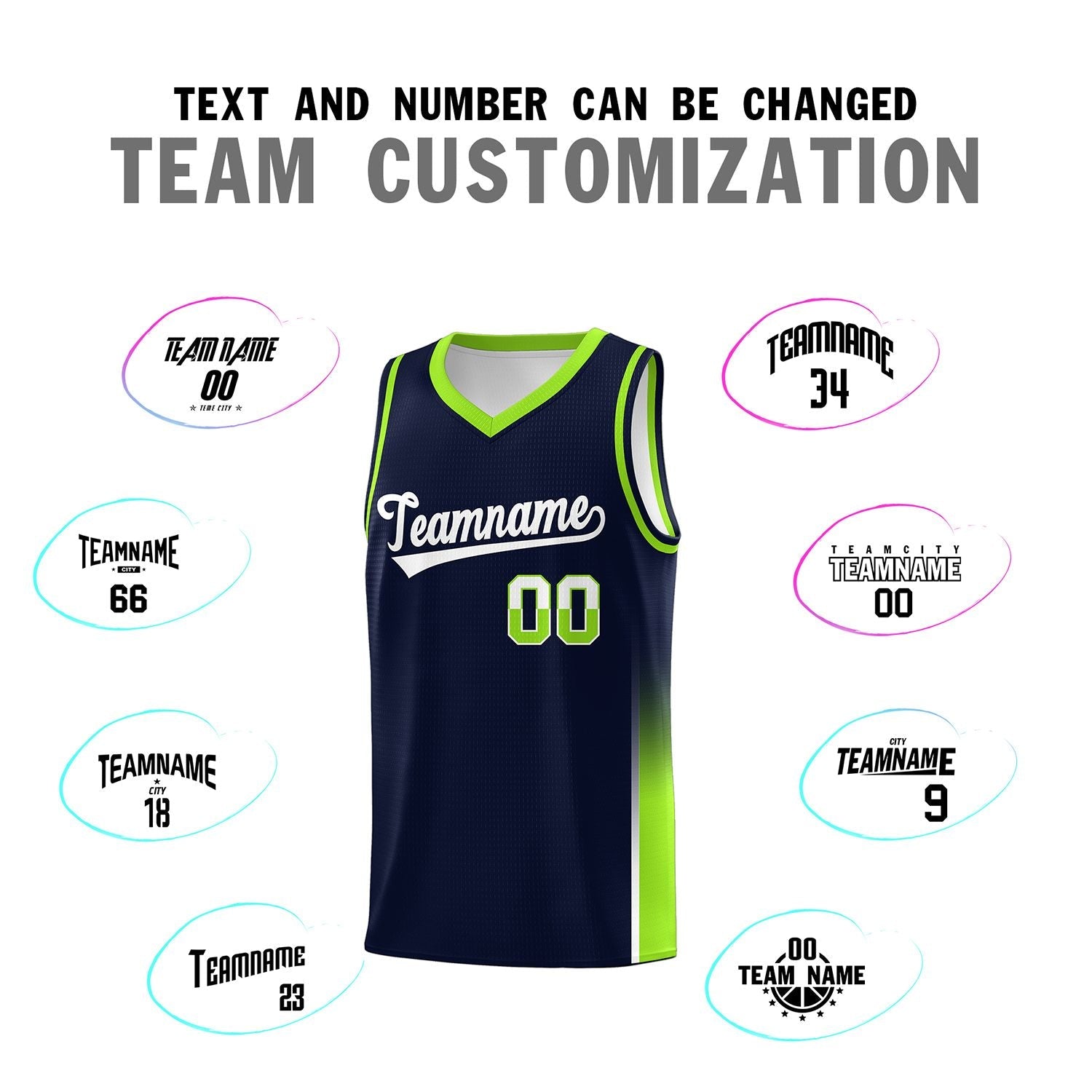 Custom Navy White-Neon Green Personalized Two Tone Font Sports Uniform Basketball Jersey