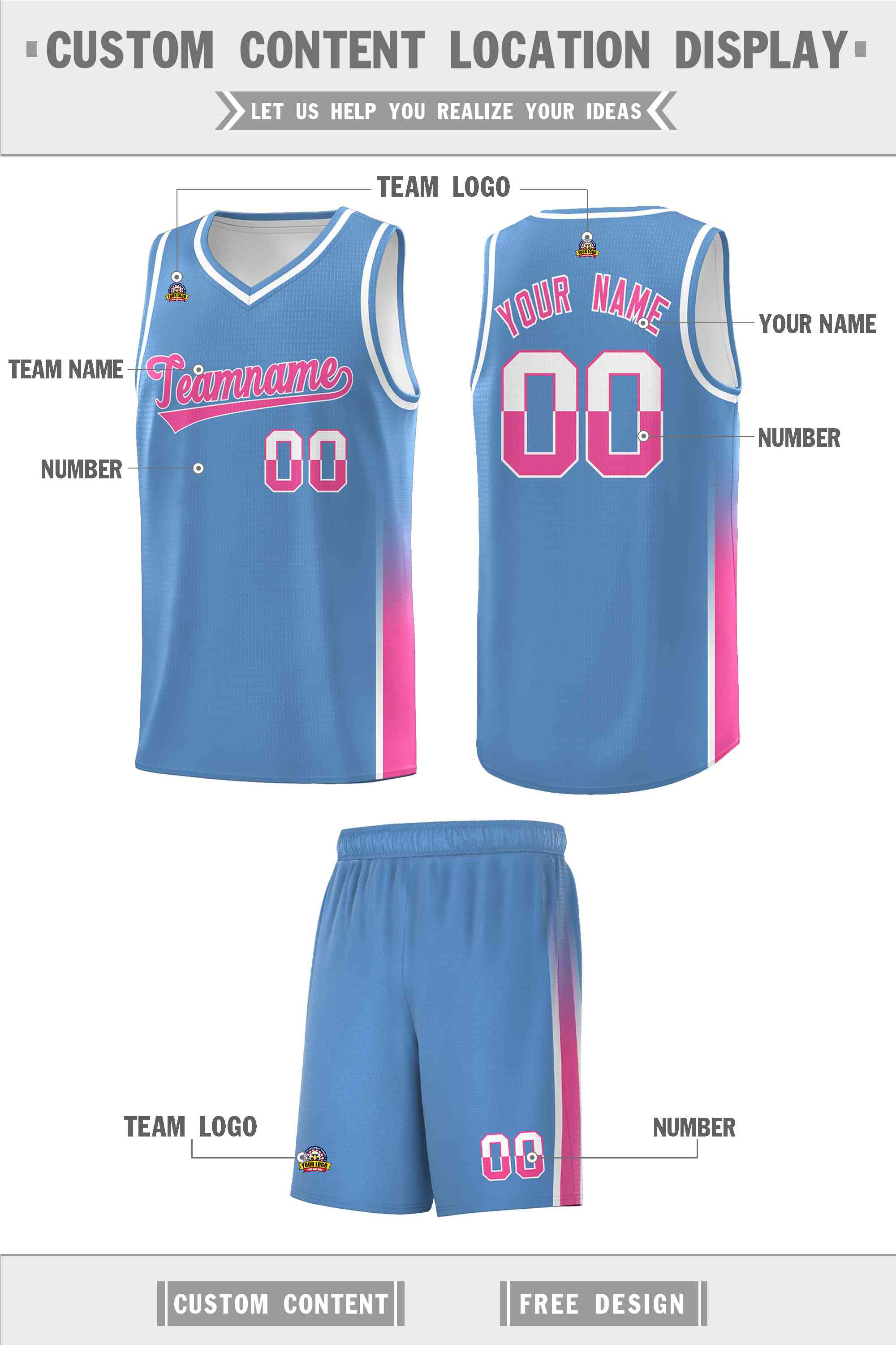 Custom Light Blue White-Pink Personalized Two Tone Font Sports Uniform Basketball Jersey