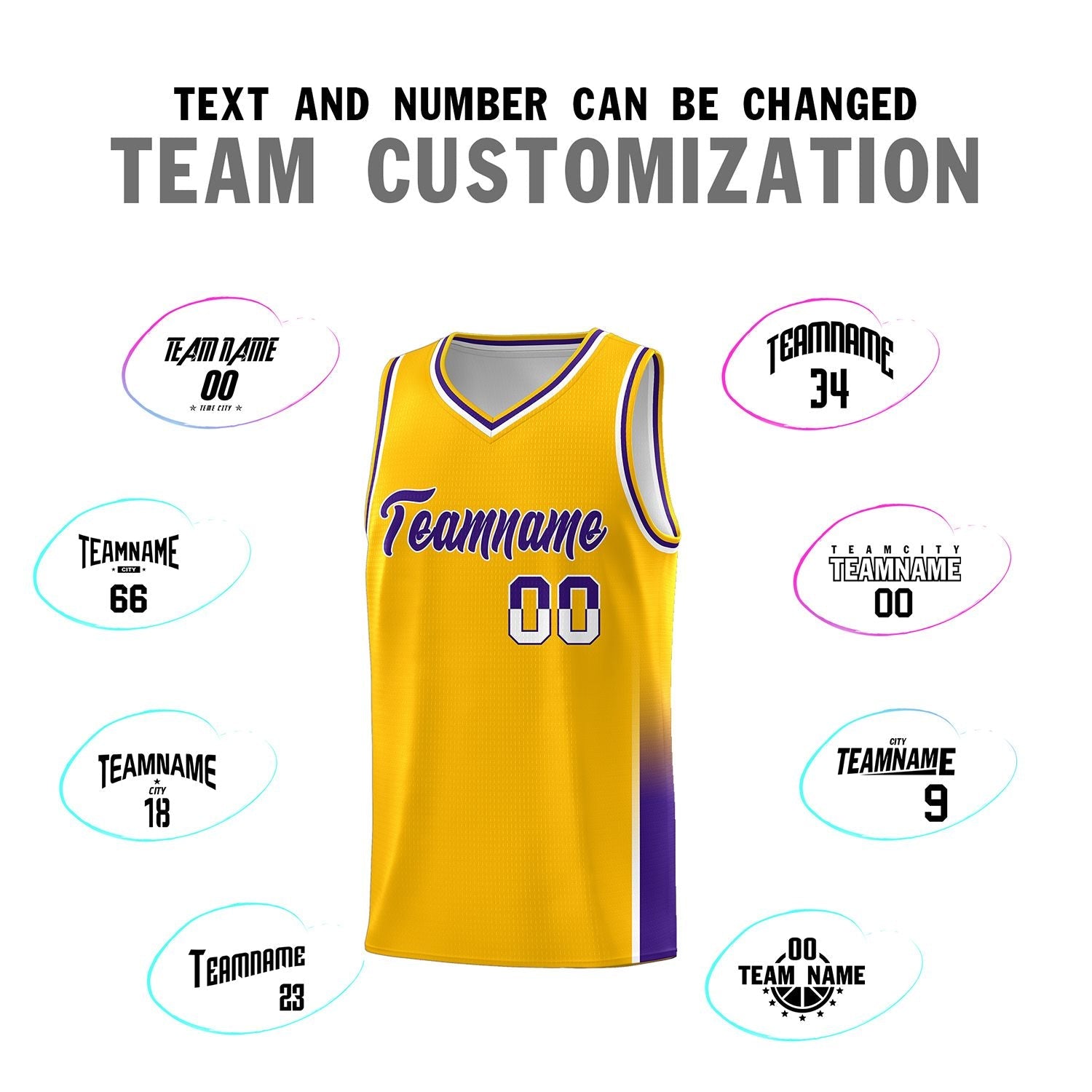 Custom Yellow White-Purple Personalized Two Tone Font Sports Uniform Basketball Jersey