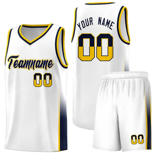 Custom White Yellow-Navy Personalized Two Tone Font Sports Uniform Basketball Jersey