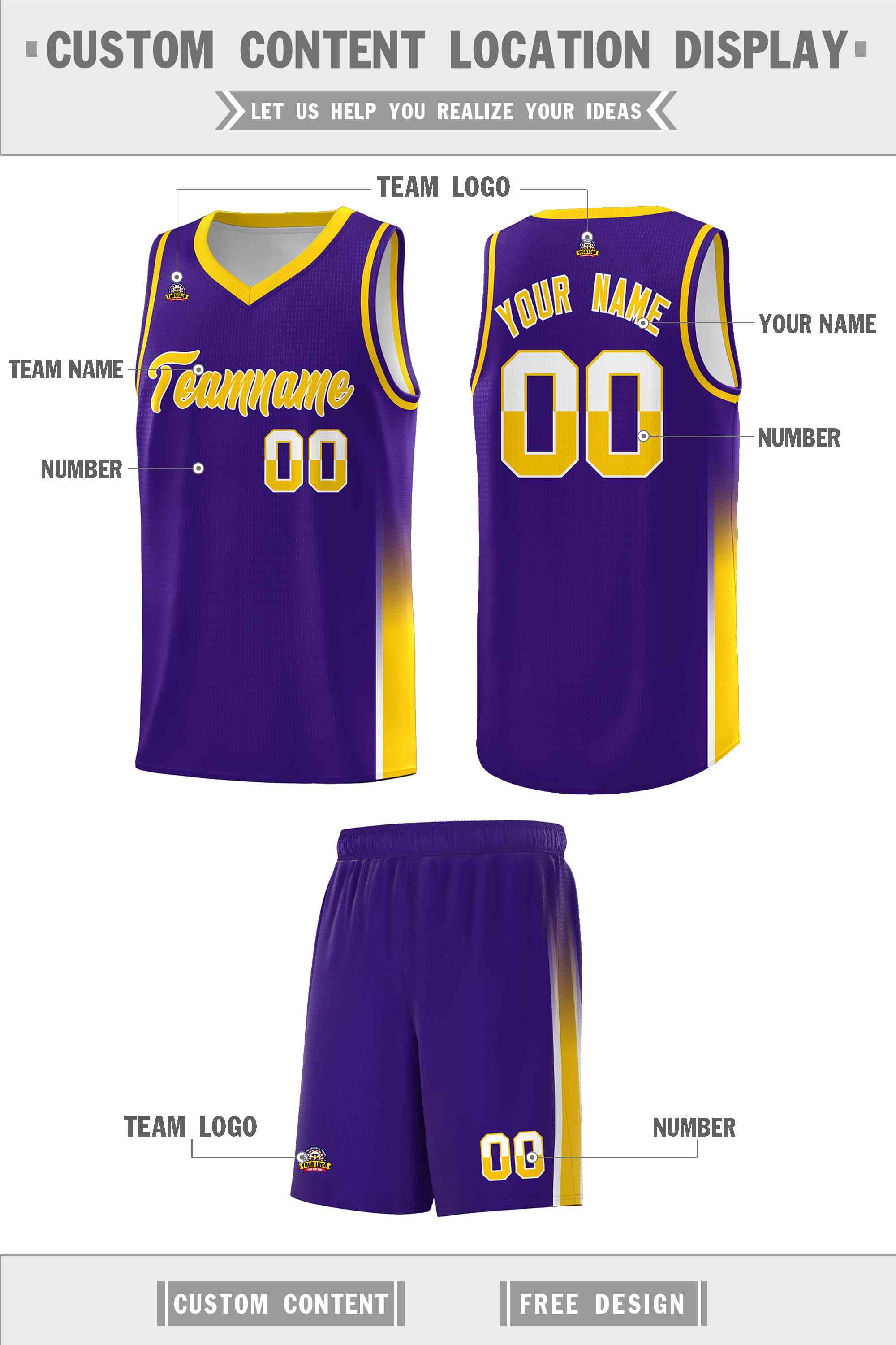 Custom Purple White-Yellow Personalized Two Tone Font Sports Uniform Basketball Jersey