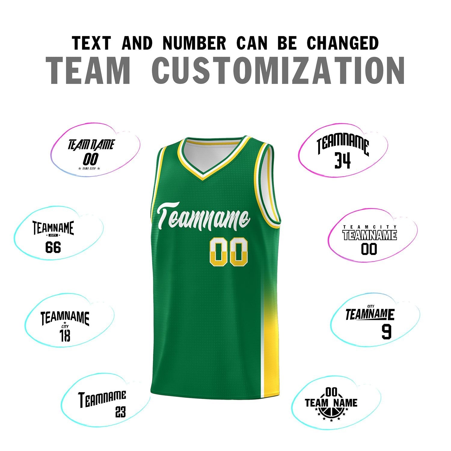 Custom Kelly Green White-Gold Personalized Two Tone Font Sports Uniform Basketball Jersey