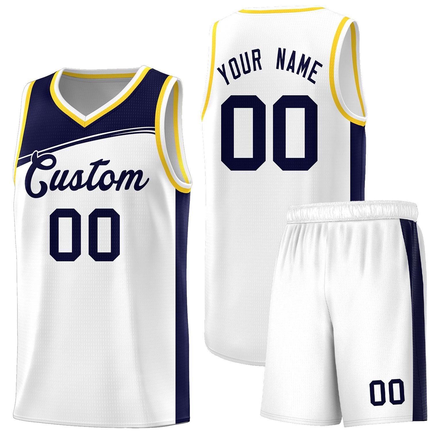 Custom White Navy-Black Color Block Sports Uniform Basketball Jersey