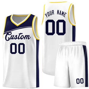 Custom White Navy-Black Color Block Sports Uniform Basketball Jersey