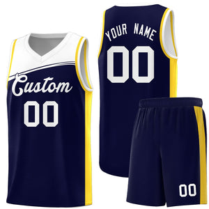 Custom Navy White Color Block Sports Uniform Basketball Jersey