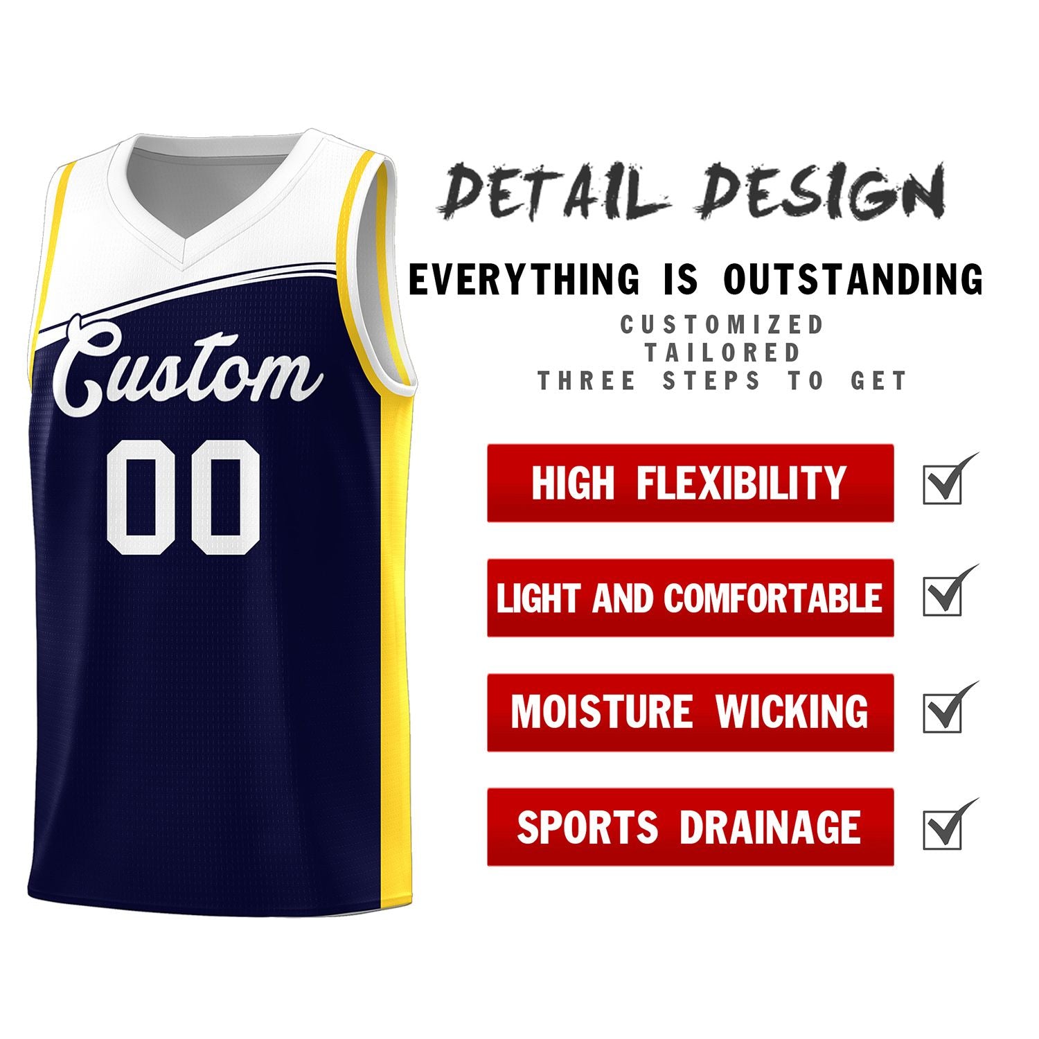 Custom Navy White Color Block Sports Uniform Basketball Jersey