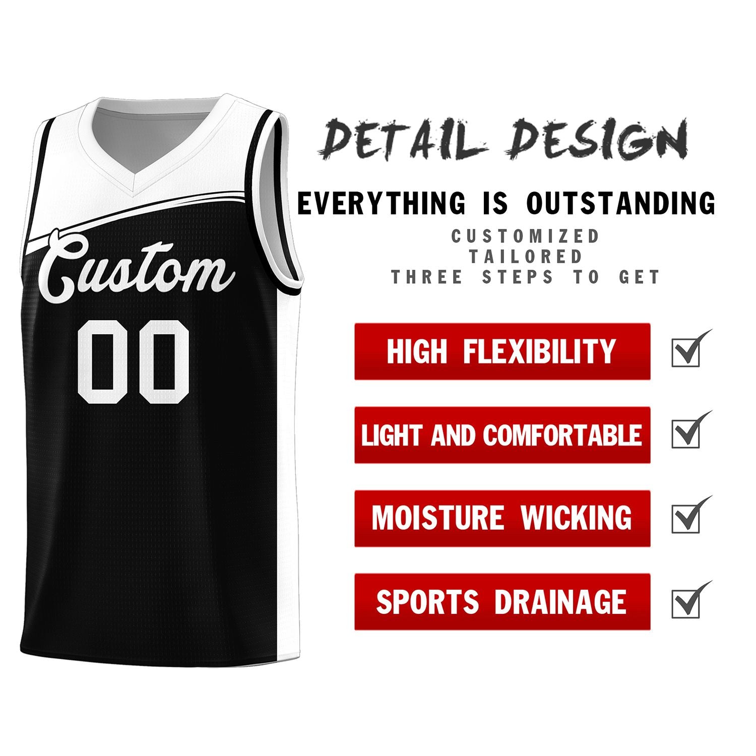 Custom Black White Color Block Sports Uniform Basketball Jersey