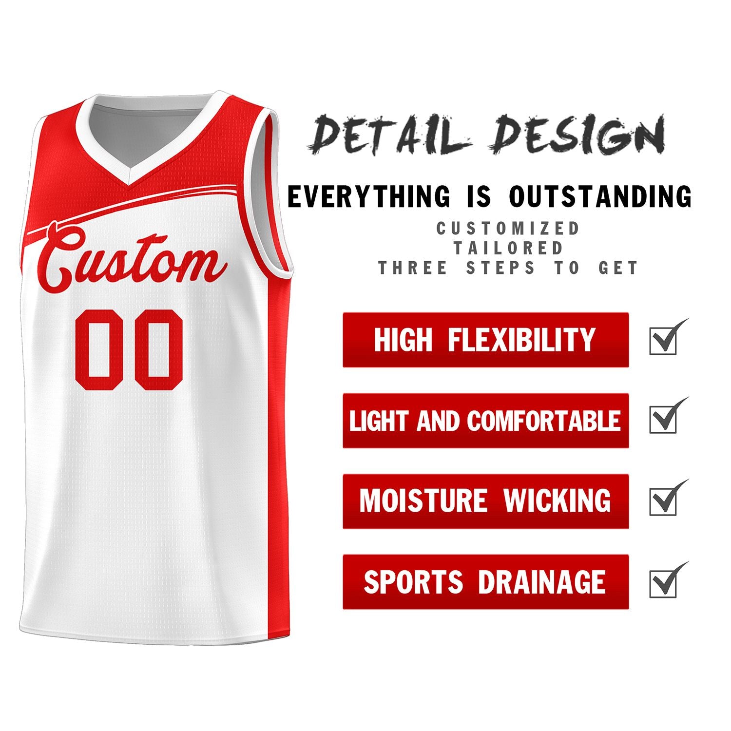 Custom White Red Color Block Sports Uniform Basketball Jersey