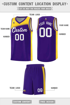 Custom Purple Yellow-White Color Block Sports Uniform Basketball Jersey