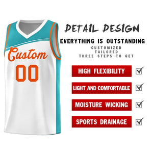 Custom White Aqua-Orange Color Block Sports Uniform Basketball Jersey