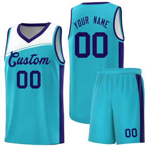 Custom Sky Blue White-Purple Color Block Sports Uniform Basketball Jersey