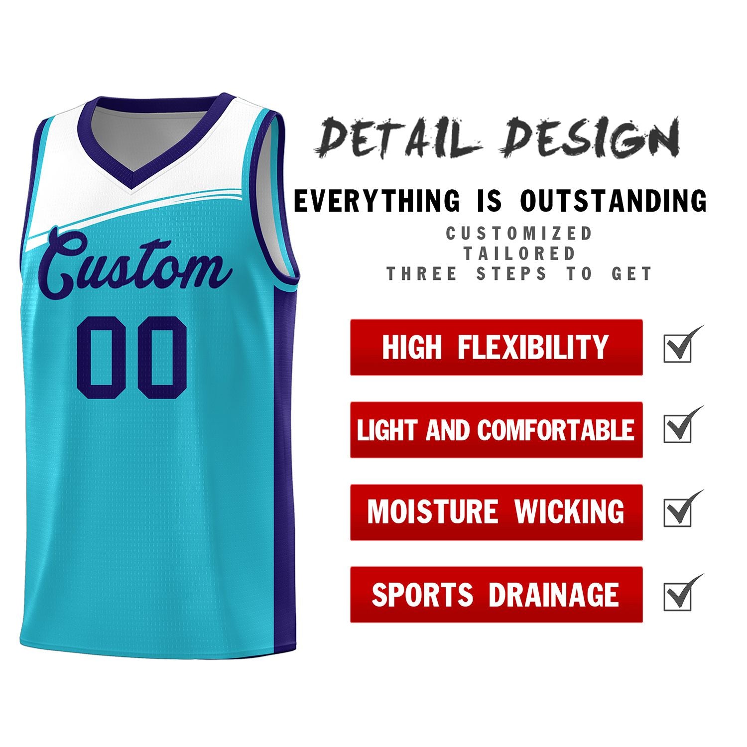 Custom Sky Blue White-Purple Color Block Sports Uniform Basketball Jersey