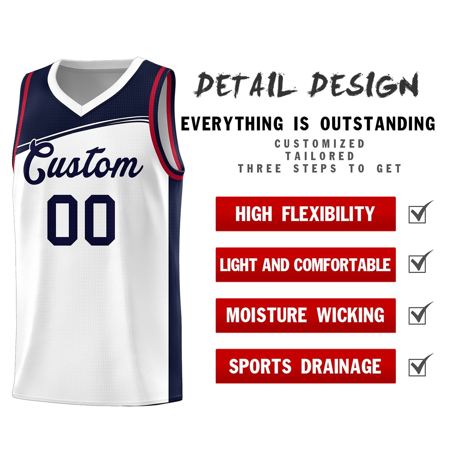 Custom White Navy Color Block Sports Uniform Basketball Jersey