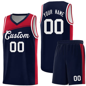 Custom Navy Red-White Color Block Sports Uniform Basketball Jersey