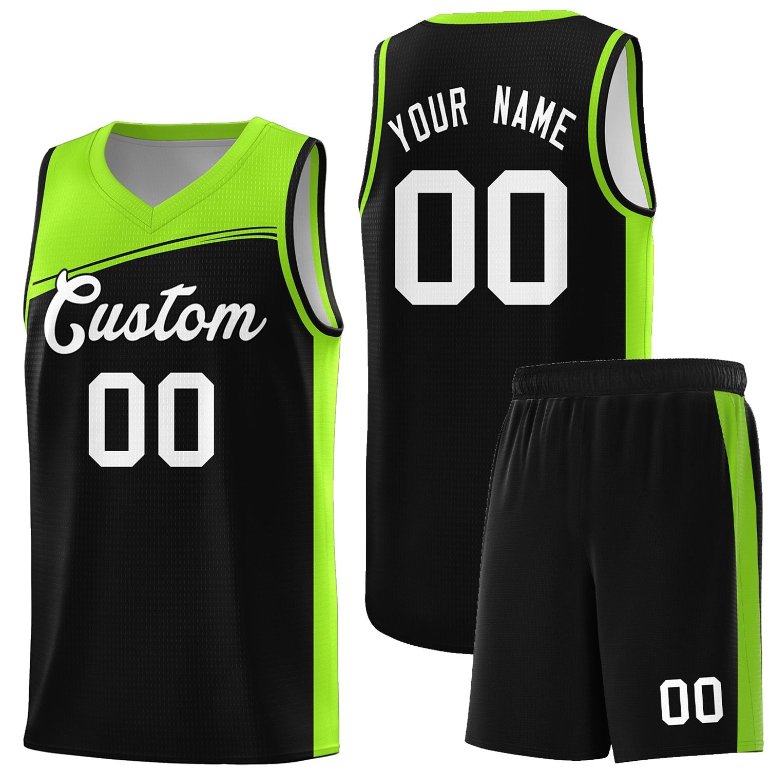 Custom Black Neon Green-White Color Block Sports Uniform Basketball Jersey