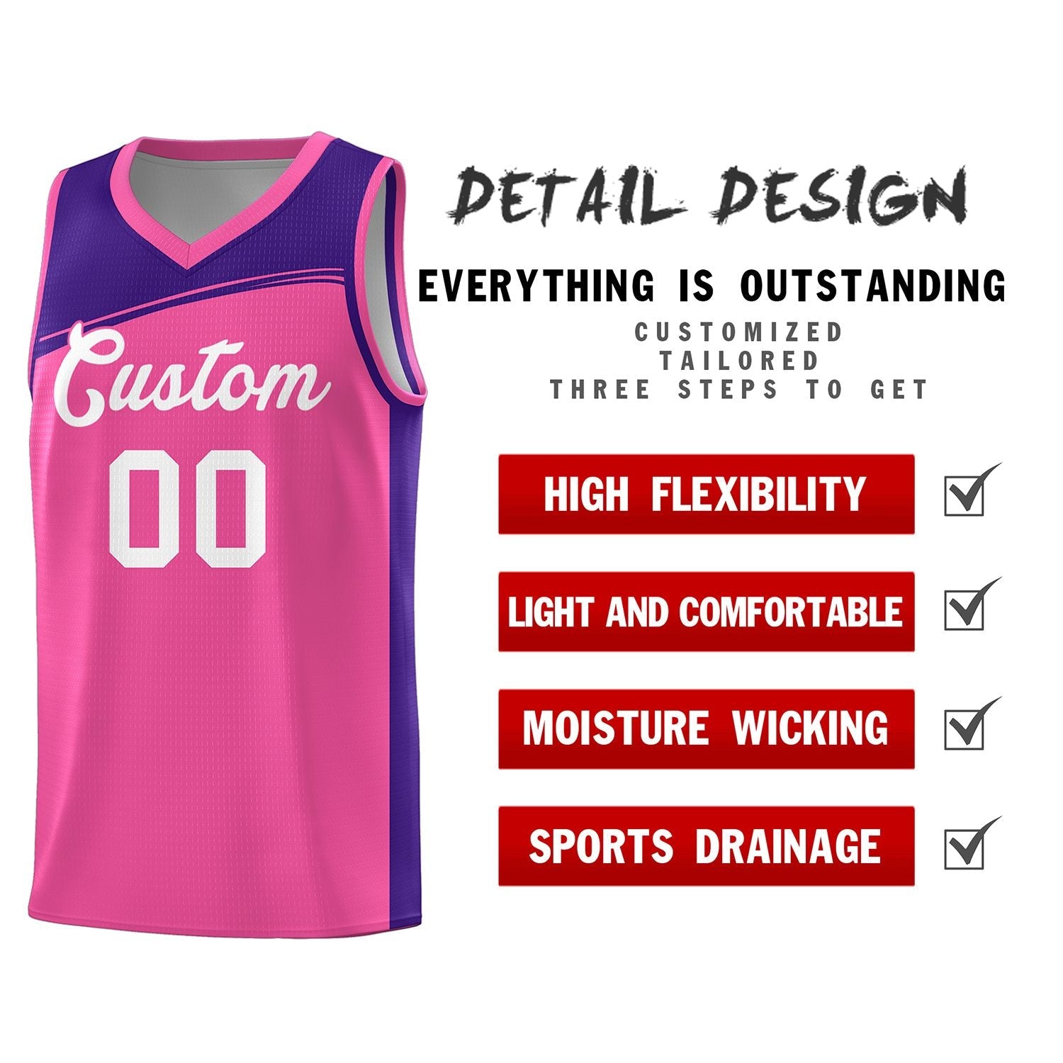 Custom Pink Purple-White Color Block Sports Uniform Basketball Jersey