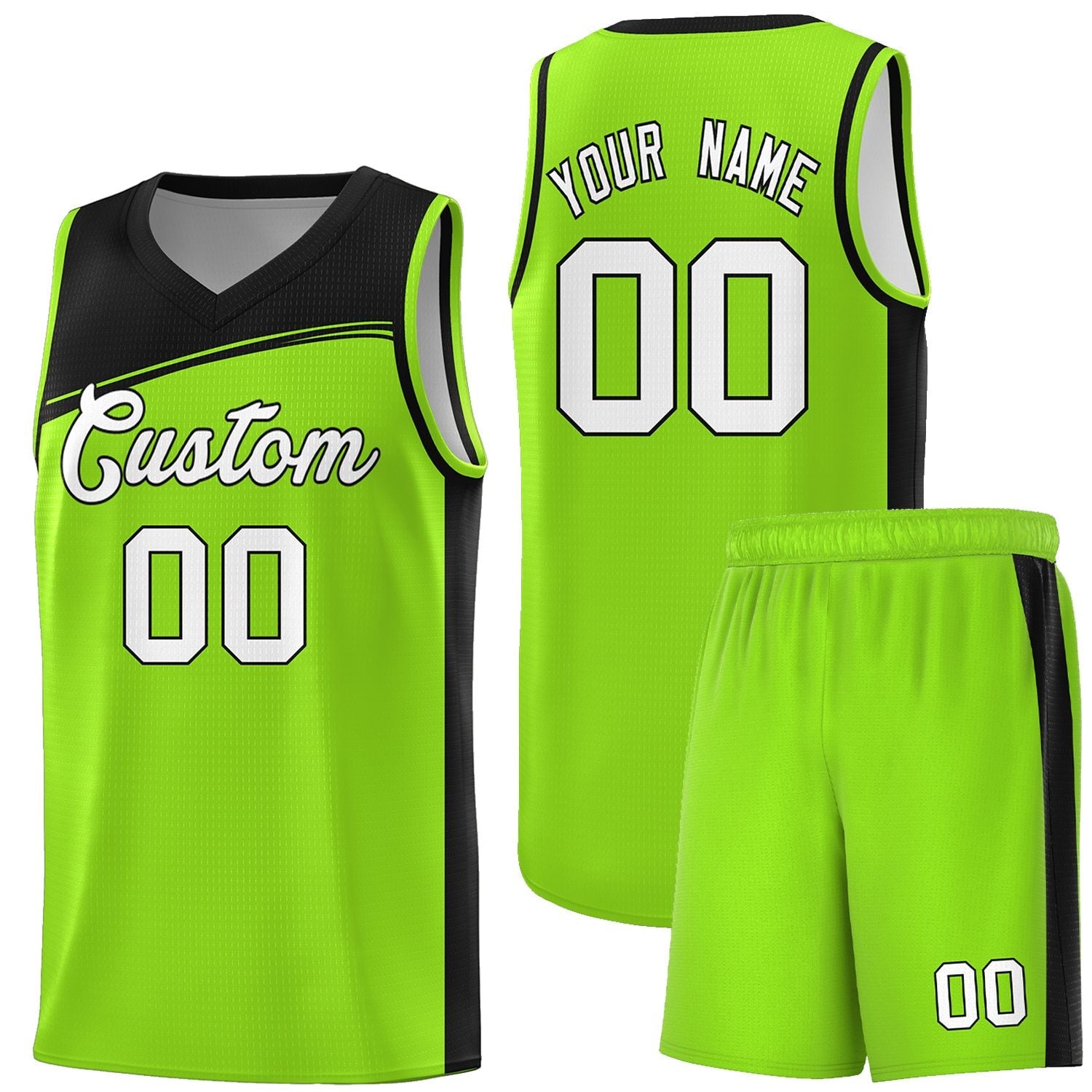 Custom Neon Green Black-White Color Block Sports Uniform Basketball Jersey