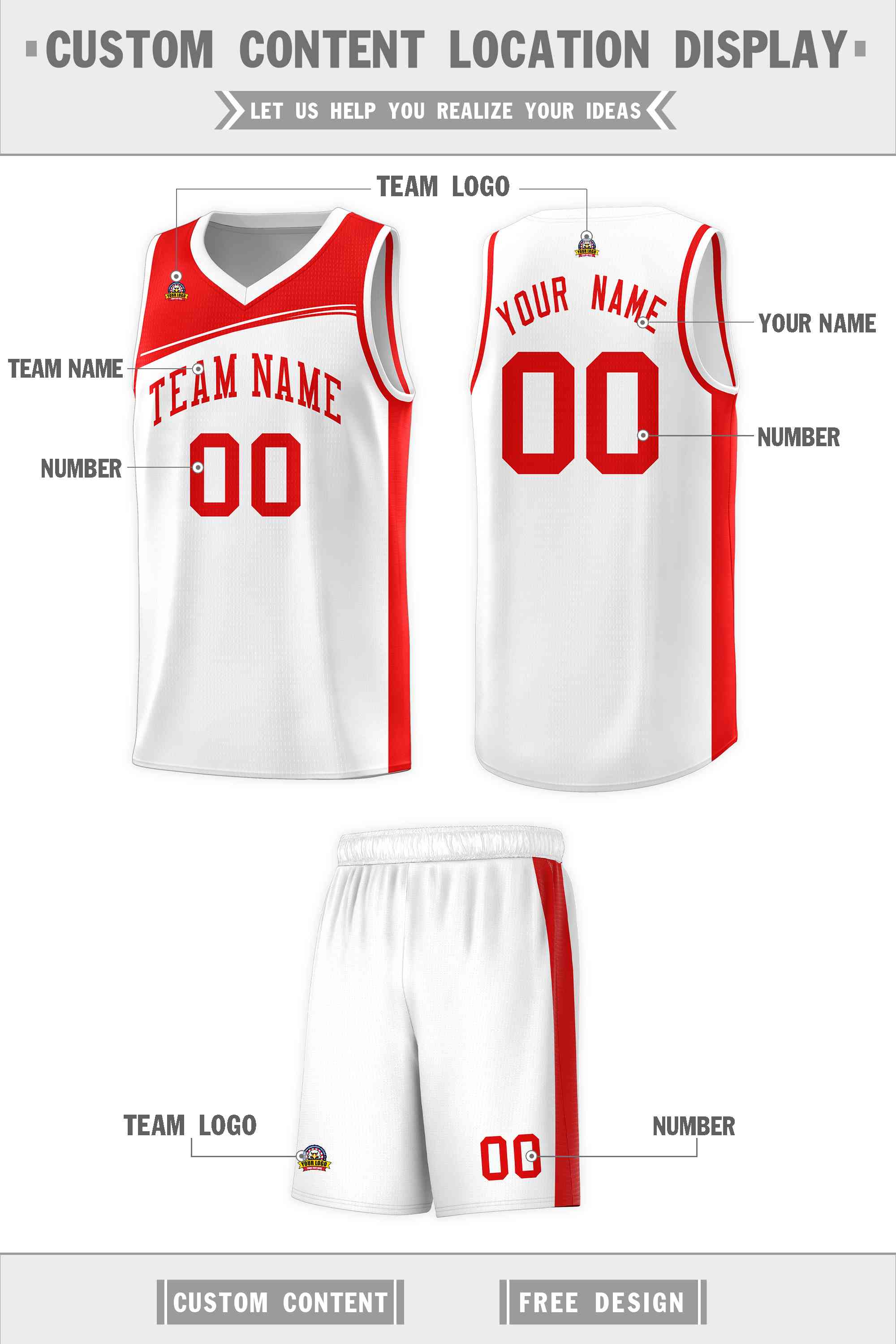 Custom White Red Color Block Sports Uniform Basketball Jersey