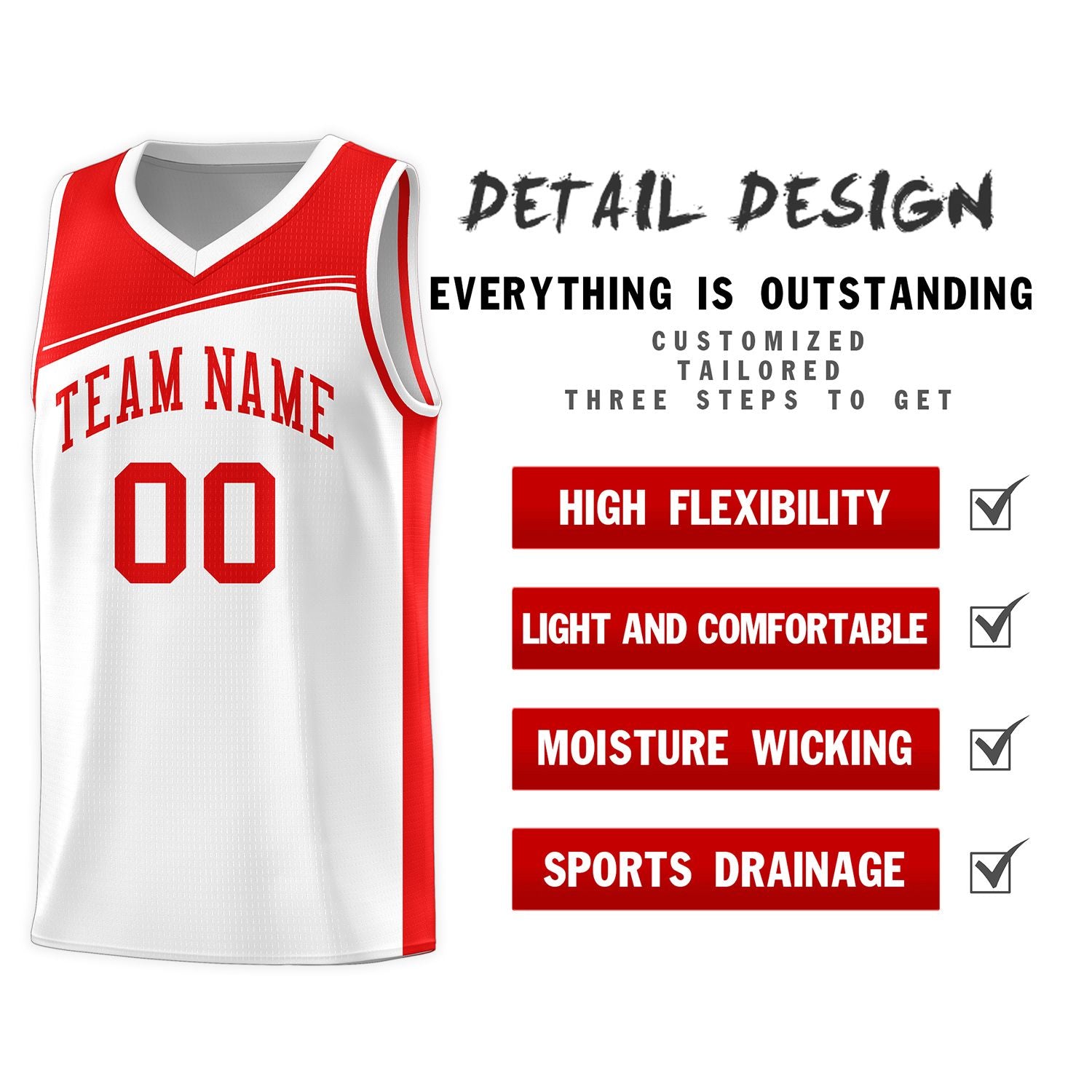 Custom White Red Color Block Sports Uniform Basketball Jersey