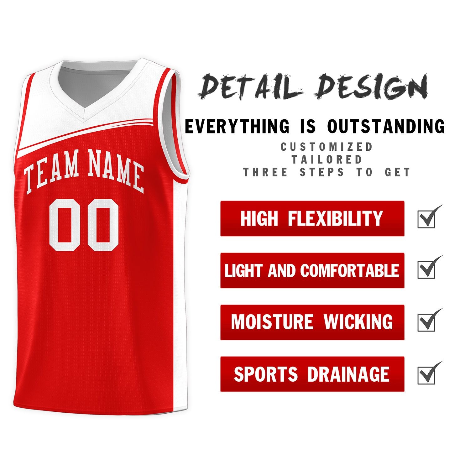 Custom Red White Color Block Sports Uniform Basketball Jersey