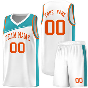 Custom White Aqua-Orange Color Block Sports Uniform Basketball Jersey