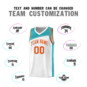 Custom White Aqua-Orange Color Block Sports Uniform Basketball Jersey