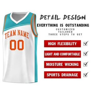 Custom White Aqua-Orange Color Block Sports Uniform Basketball Jersey