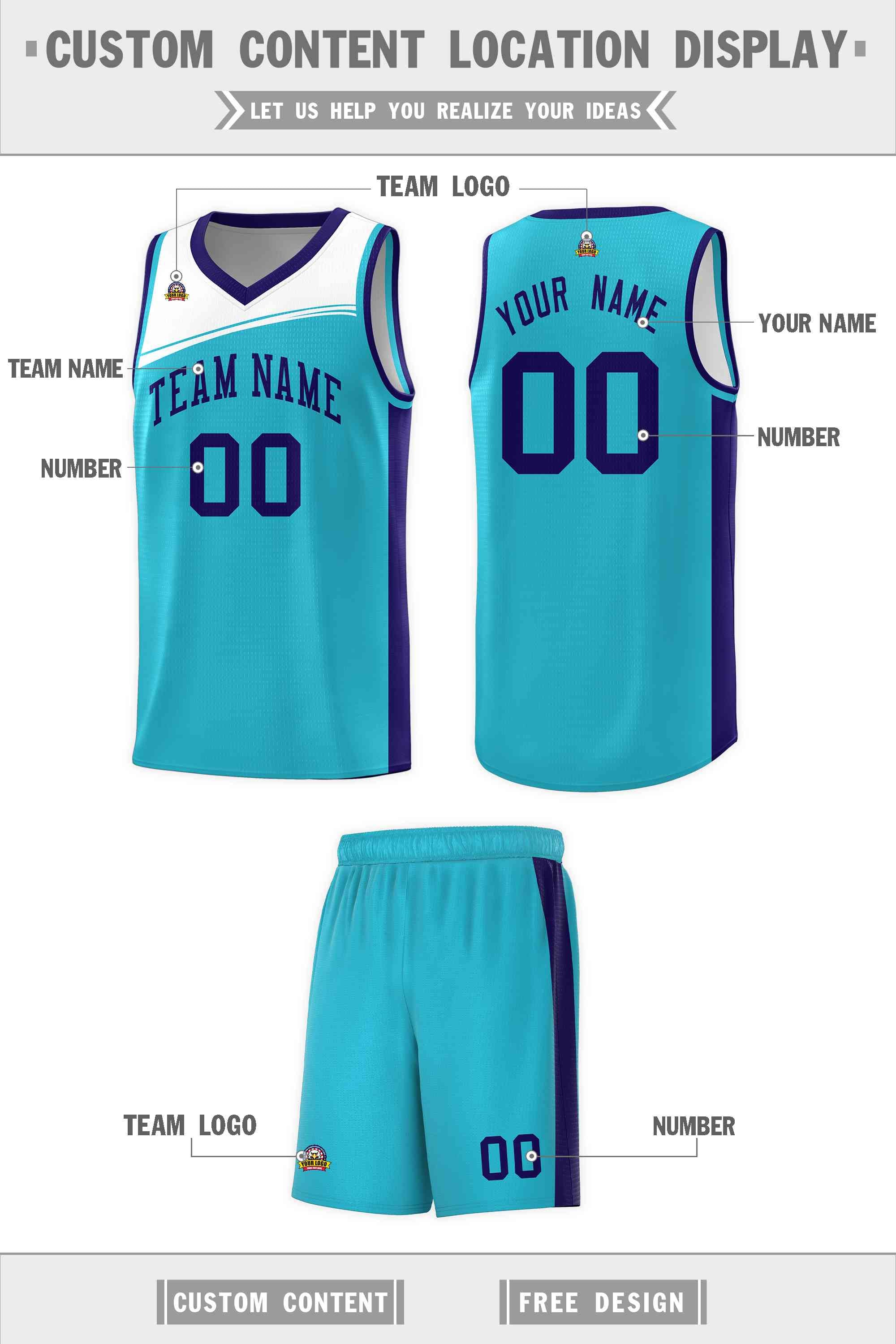 Custom Sky Blue White-Purple Color Block Sports Uniform Basketball Jersey