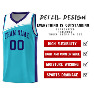 Custom Sky Blue White-Purple Color Block Sports Uniform Basketball Jersey