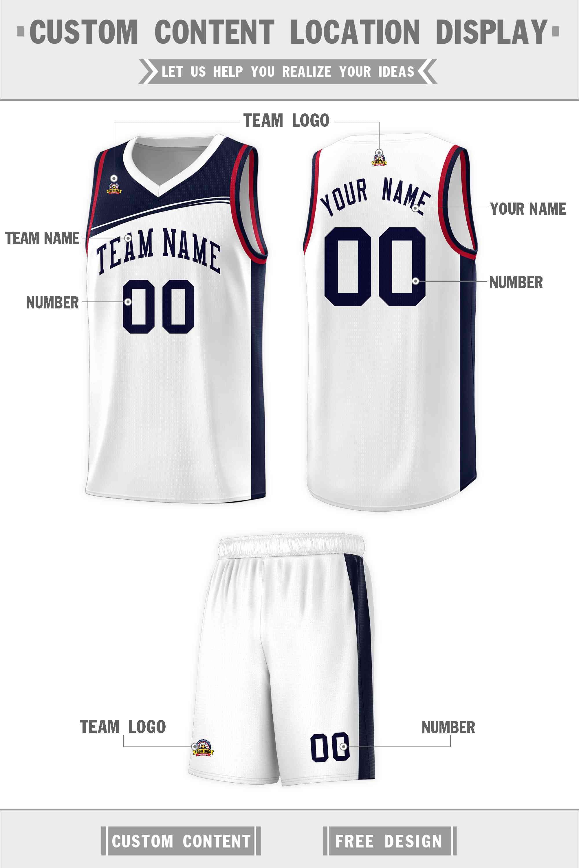 Custom White Navy Color Block Sports Uniform Basketball Jersey