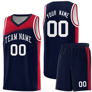 Custom Navy Red-White Color Block Sports Uniform Basketball Jersey