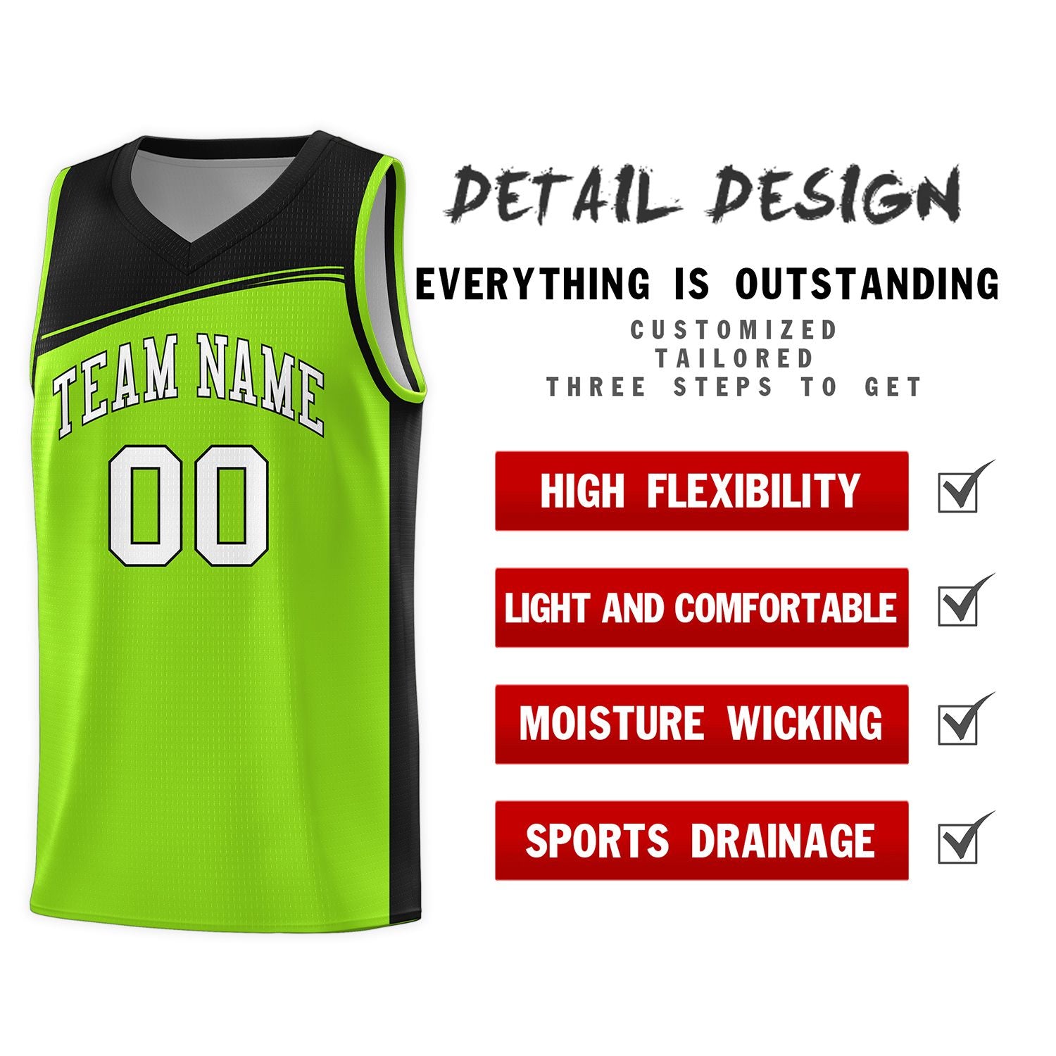 Custom Neon Green Black-White Color Block Sports Uniform Basketball Jersey