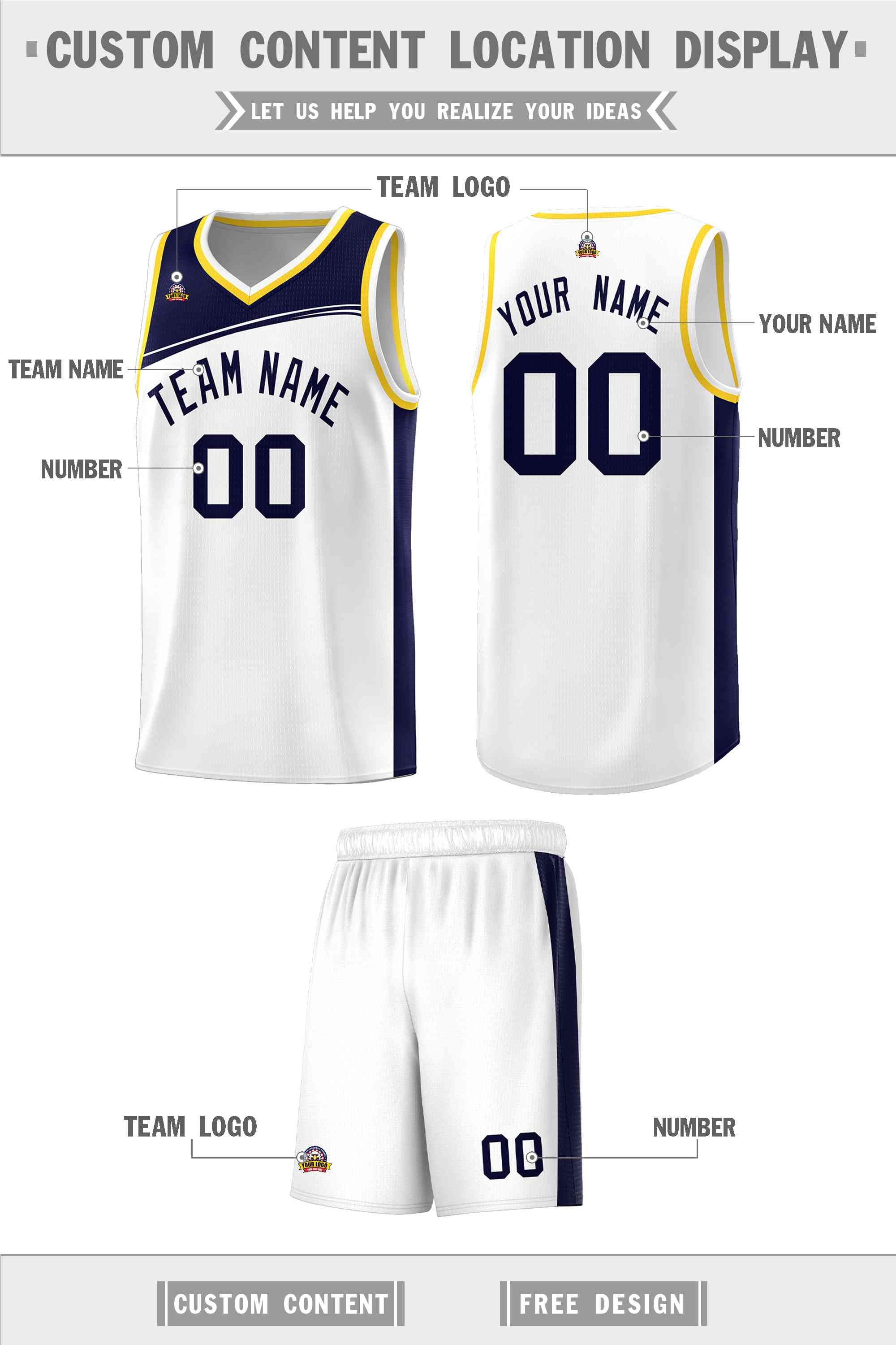 Custom White Navy-Black Color Block Sports Uniform Basketball Jersey