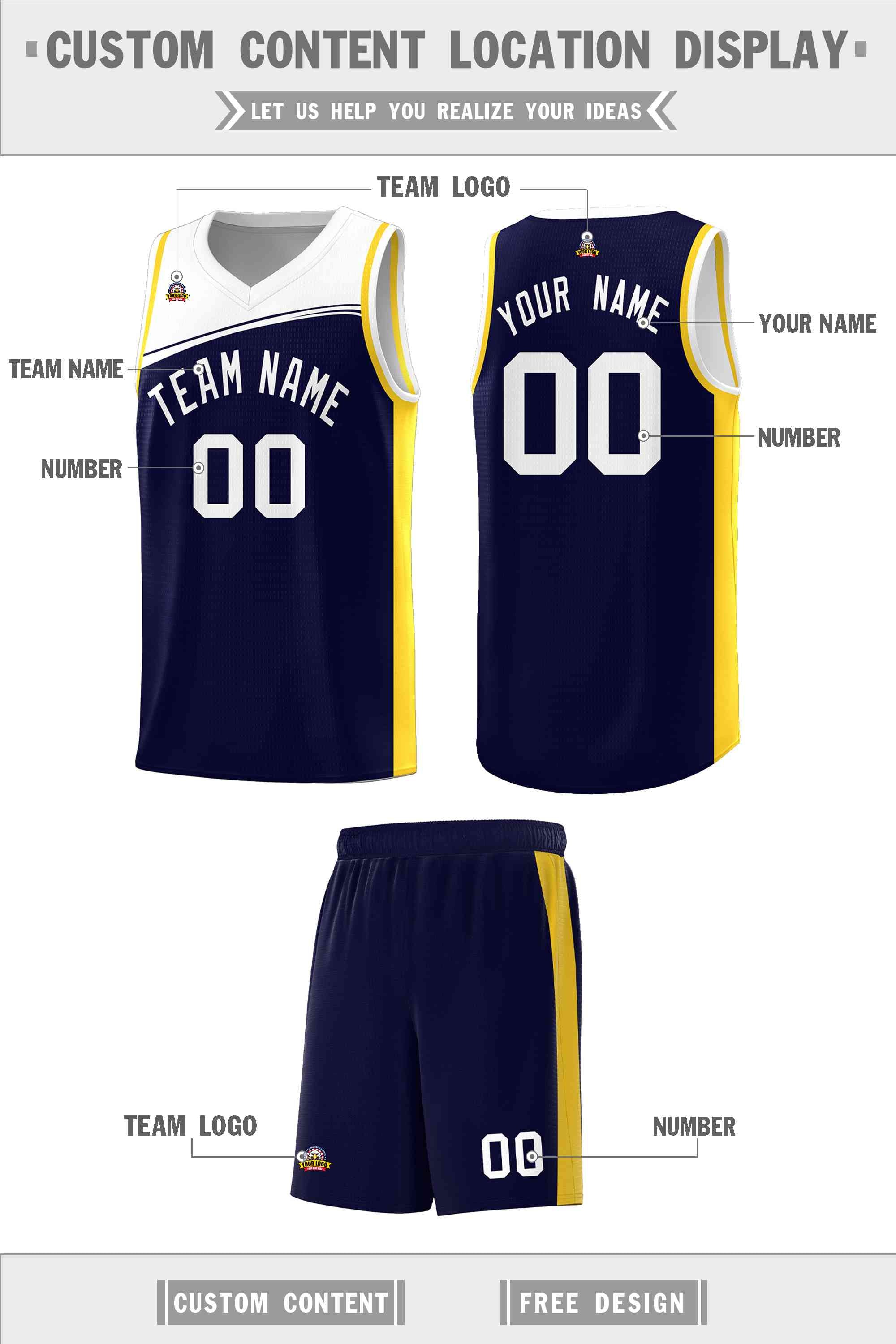 Custom Navy White Color Block Sports Uniform Basketball Jersey