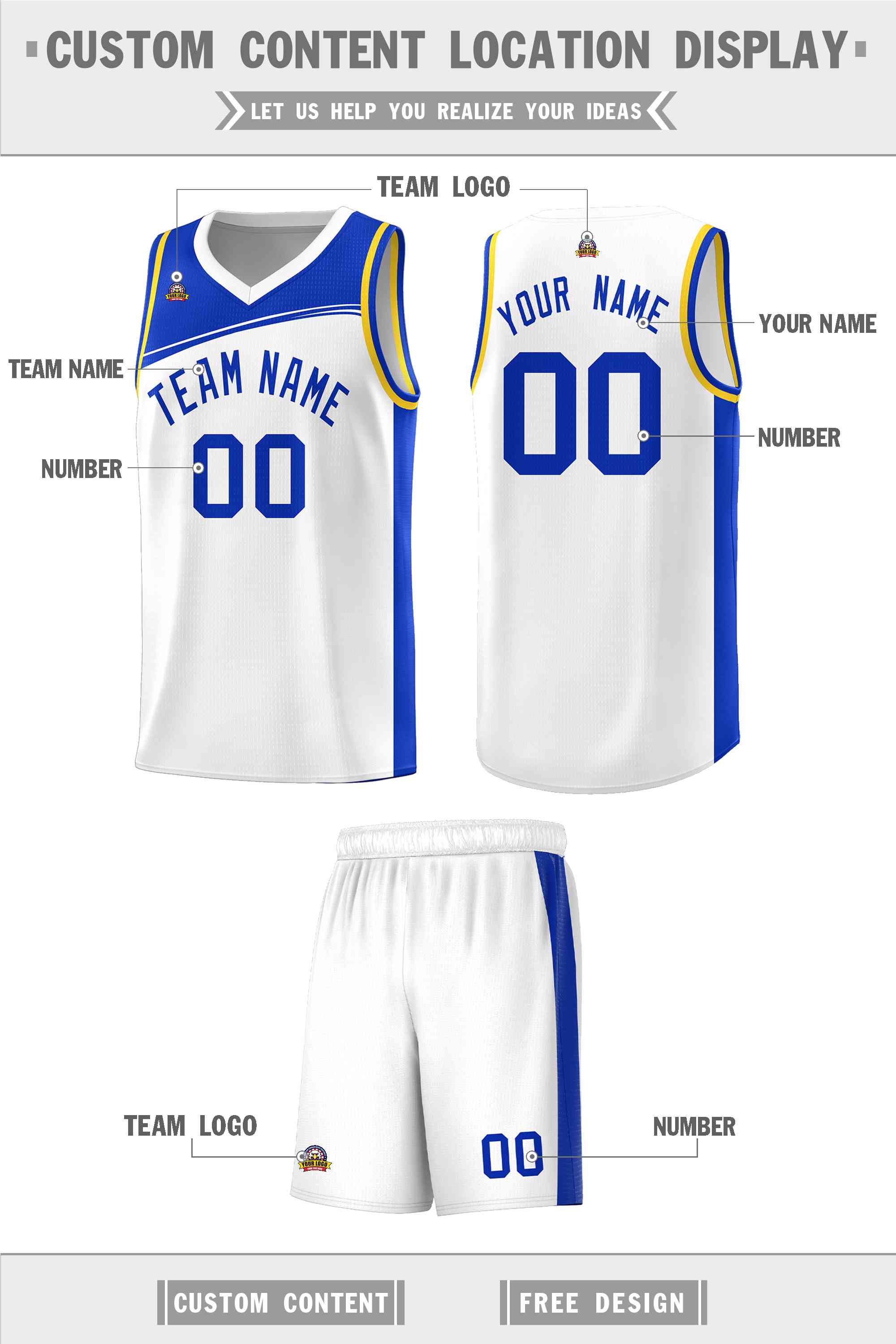 Custom White Royal Color Block Sports Uniform Basketball Jersey