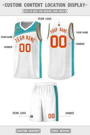 Custom White Aqua-Orange Color Block Sports Uniform Basketball Jersey