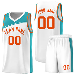 Custom White Aqua-Orange Color Block Sports Uniform Basketball Jersey