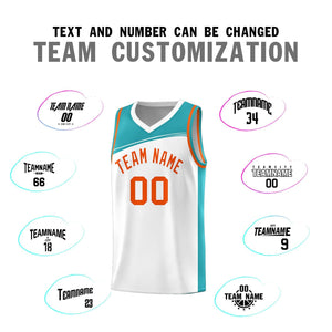 Custom White Aqua-Orange Color Block Sports Uniform Basketball Jersey